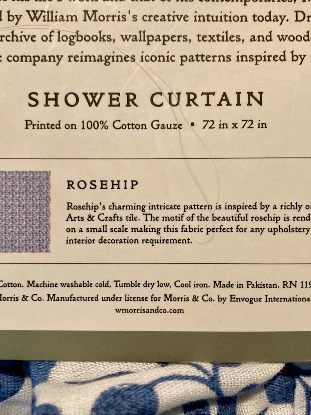 NWT Morris and Co 100% cotton gauze shower curtain-blue/white pattern “Rosehip”